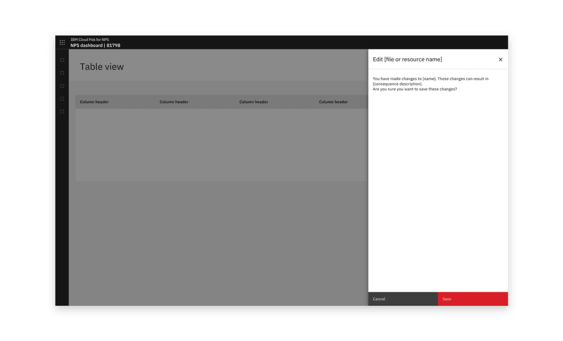 Example of a warning screen in a side panel before a user saves changes